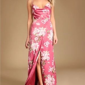 Lulus Love of Romance Pink Floral Print Satin Cowl Neck Maxi Dress